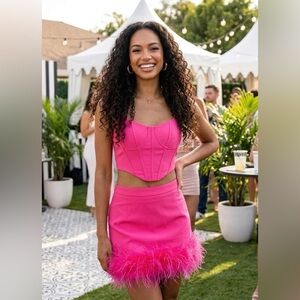 Beautiful Pink Mini Skirt with Ostrich Feather Hem